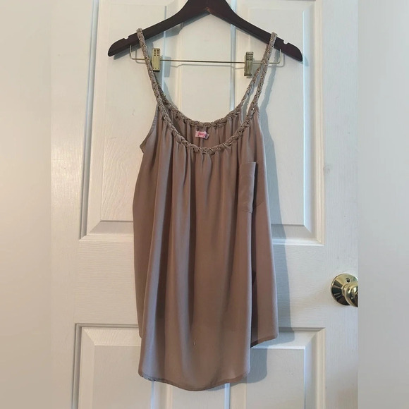 FOUNTYS Anthropologie 100% Silk Taupe Camel Gold Embellished Strap Tank Sz SM - Picture 1 of 10